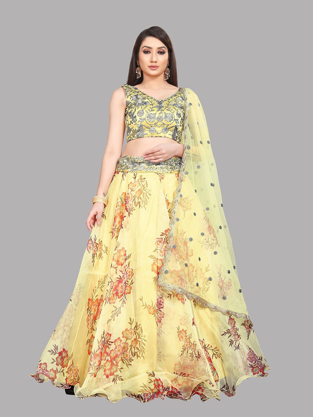 Ethnic Yard Yellow & Red Embroidered Sequinned Semi-Stitched Lehenga & Unstitched Blouse With Dupatta Price in India