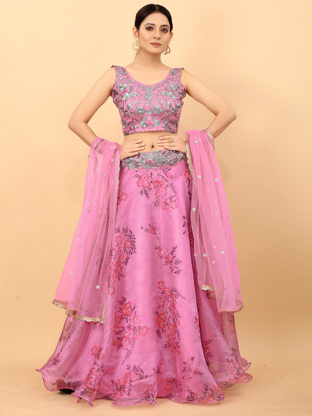 Ethnic Yard Pink & Silver-Toned Embroidered Sequinned Semi-Stitched Lehenga & Unstitched Blouse With Dupatta Price in India