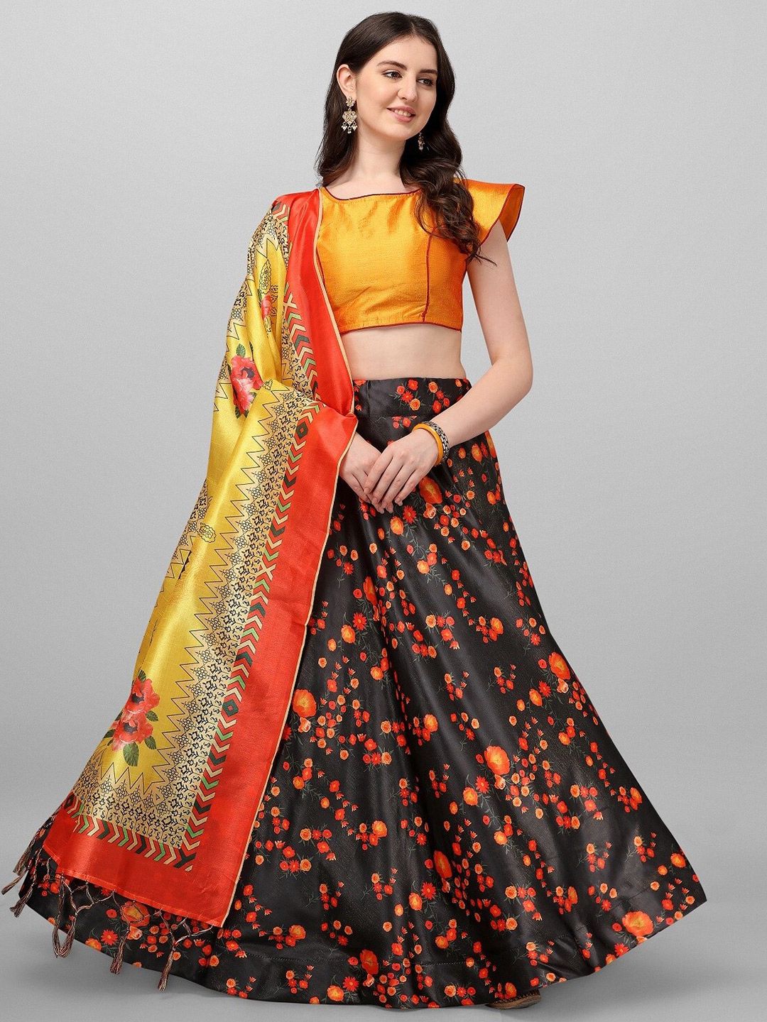Ethnic Yard Black & Orange Semi-Stitched Lehenga & Unstitched Blouse With Dupatta Price in India
