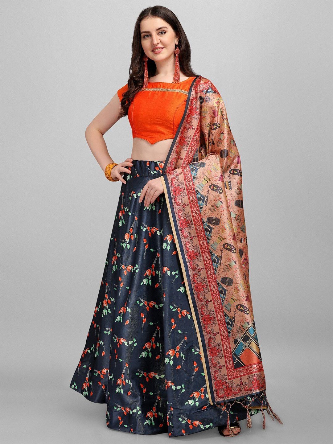 Ethnic Yard Blue & Orange Printed Semi-Stitched Lehenga & Unstitched Blouse With Dupatta Price in India