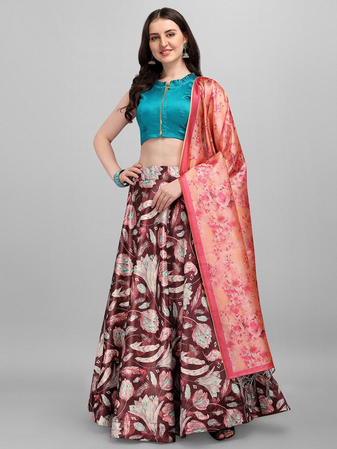 Ethnic Yard Brown & Pink Semi-Stitched Lehenga & Unstitched Blouse With Dupatta Price in India