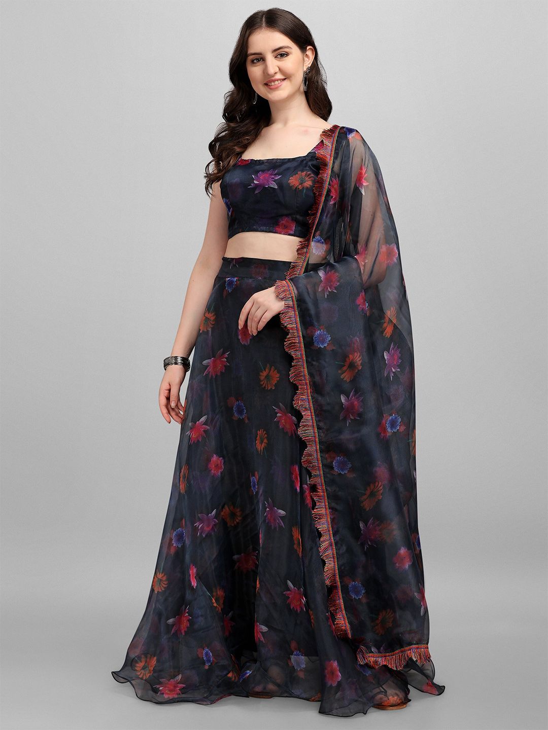 Ethnic Yard Black & Red Printed Semi-Stitched Lehenga & Unstitched Blouse With Dupatta Price in India