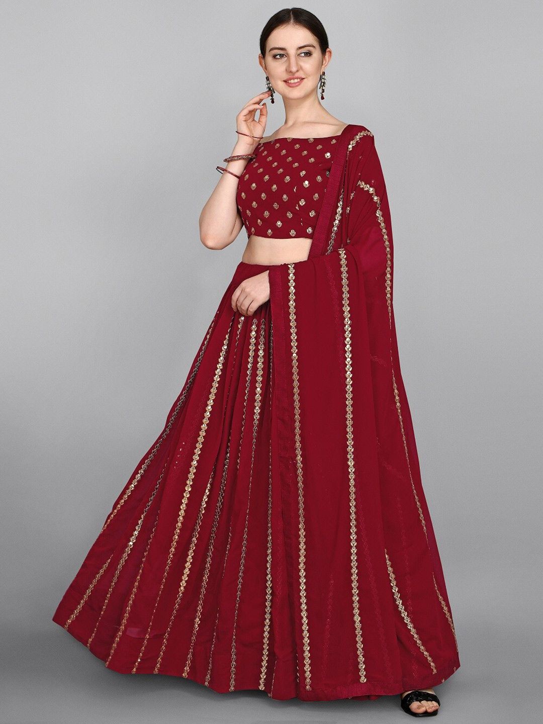 Ethnic Yard Maroon & Gold-Toned Embellished Sequinned Semi-Stitched Lehenga & Unstitched Blouse With Dupatta Price in India