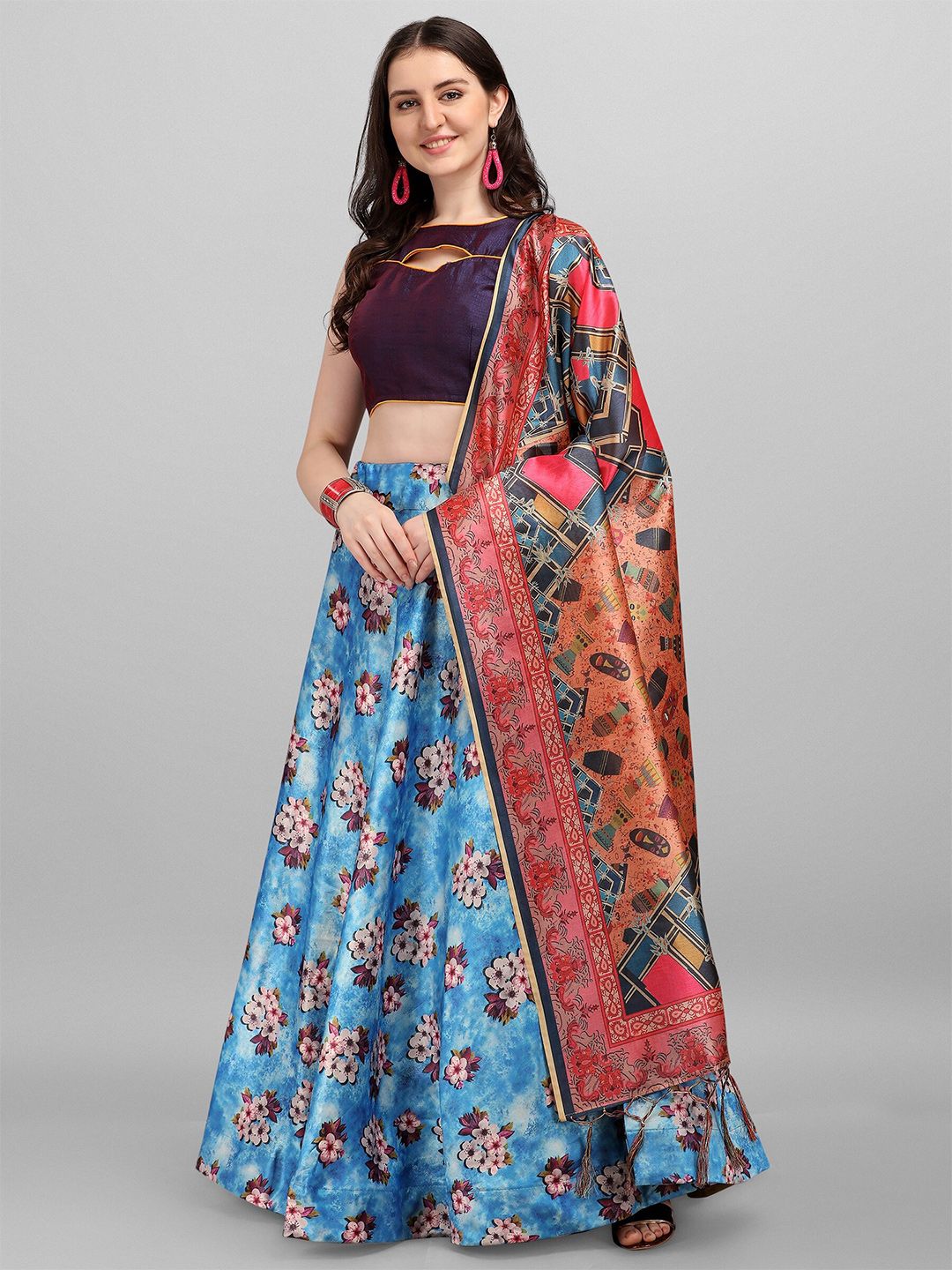 Ethnic Yard Blue & Orange Semi-Stitched Lehenga & Unstitched Blouse With Dupatta Price in India