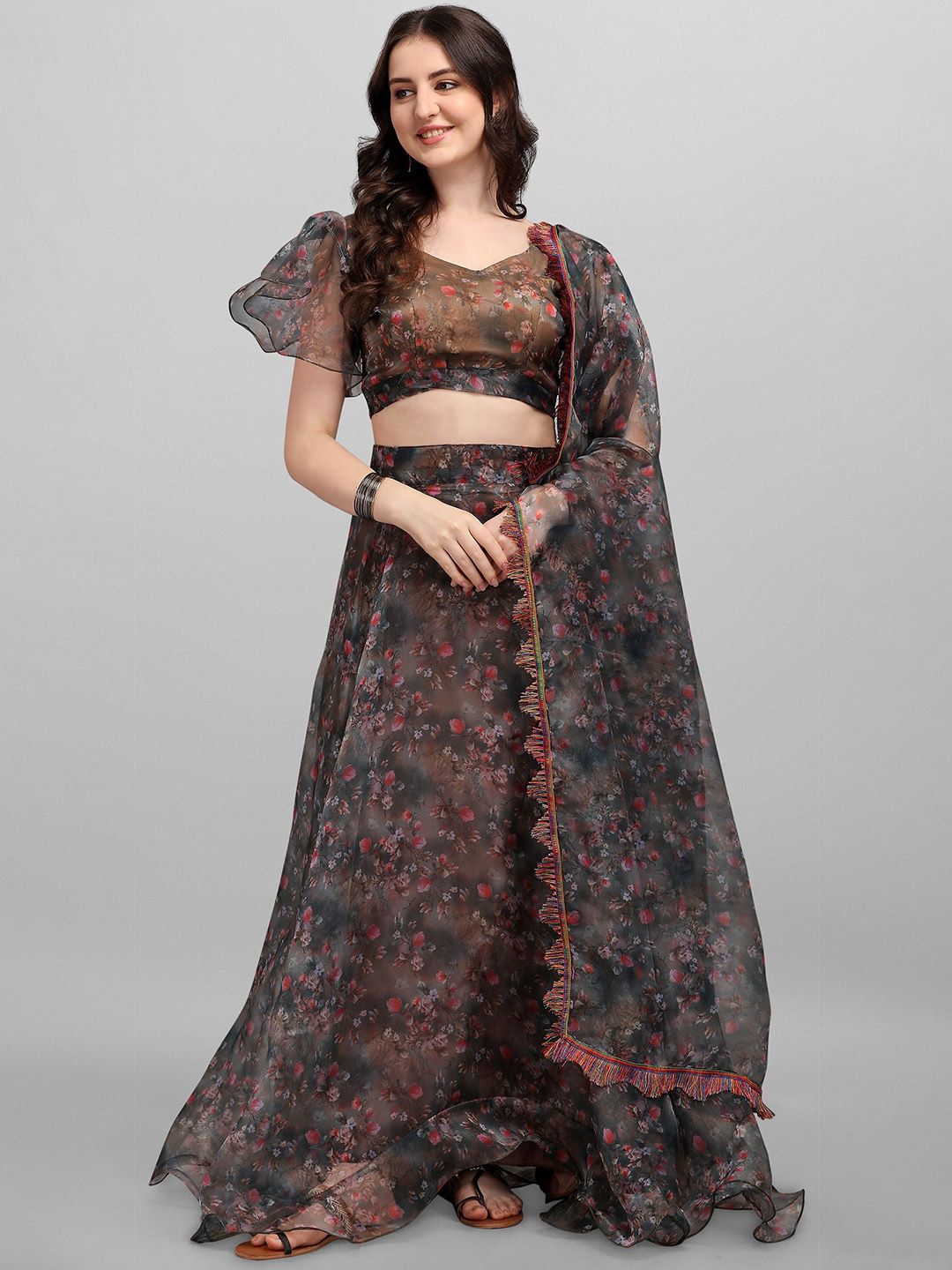 Ethnic Yard Brown & Red Printed Semi-Stitched Lehenga & Unstitched Blouse With Dupatta Price in India