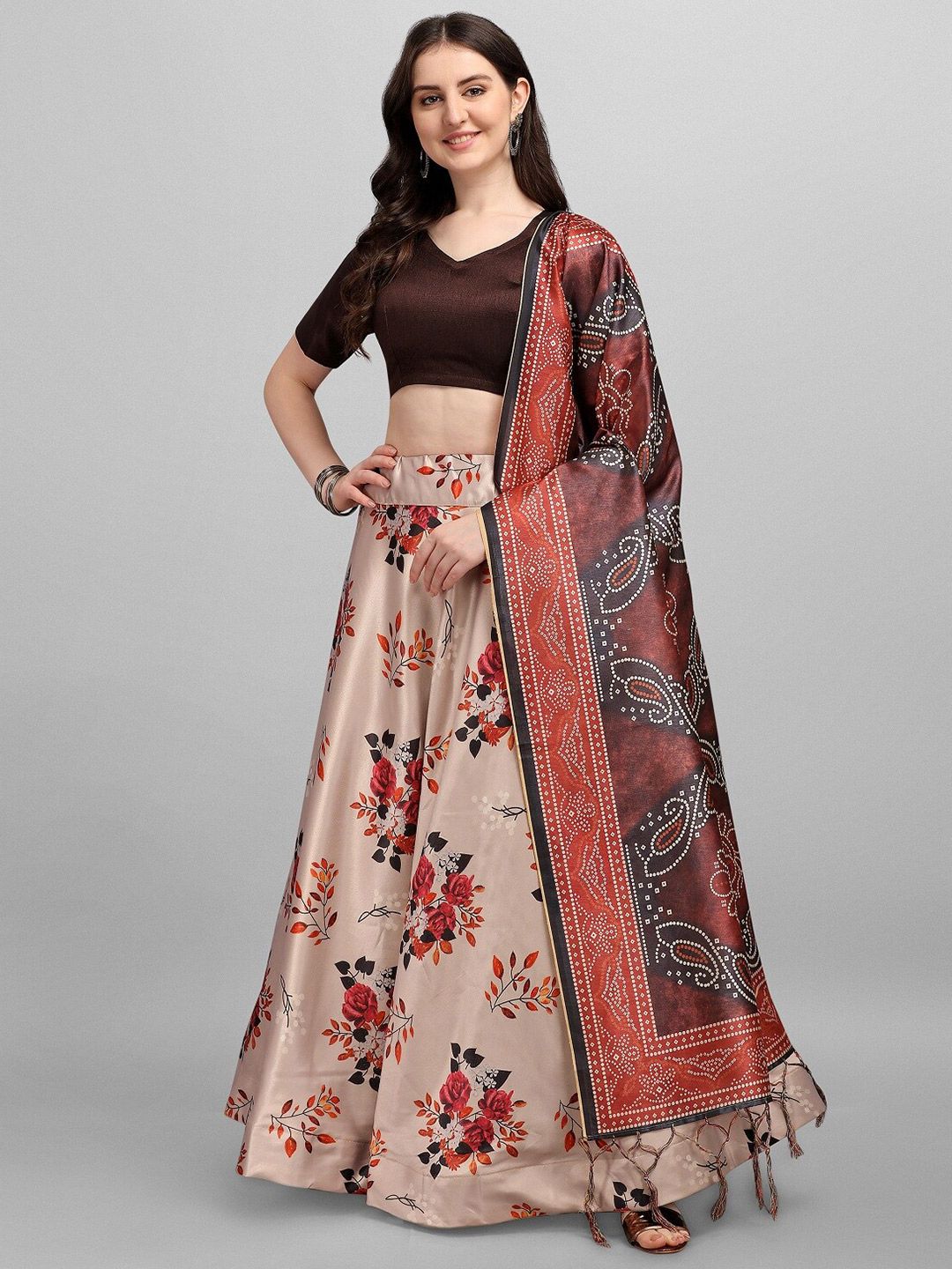 Ethnic Yard Beige & Orange Semi-Stitched Lehenga & Unstitched Blouse With Dupatta Price in India