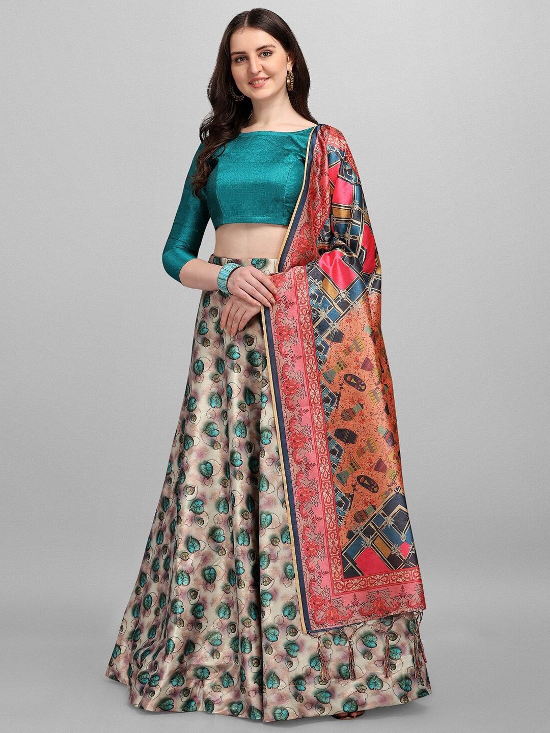 Ethnic Yard Turquoise Blue & White Semi-Stitched Lehenga & Unstitched Blouse With Dupatta Price in India