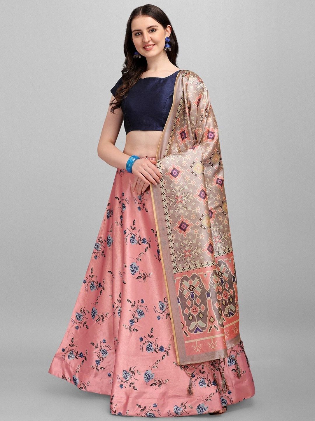 Ethnic Yard Peach-Coloured & Blue Semi-Stitched Lehenga & Unstitched Blouse With Dupatta Price in India