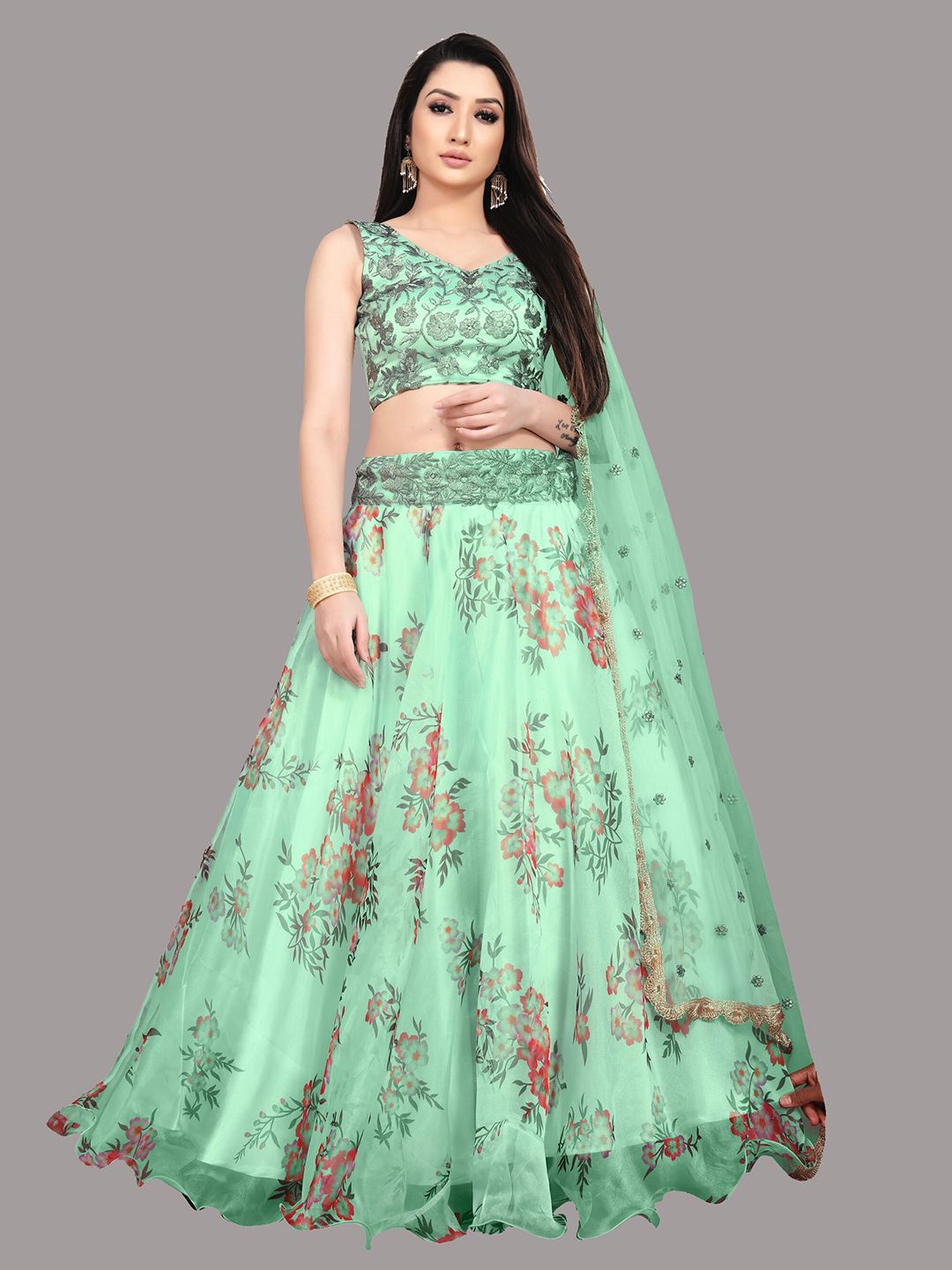 Ethnic Yard Green & Pink Embroidered Sequinned Semi-Stitched Lehenga & Unstitched Blouse With Dupatta Price in India