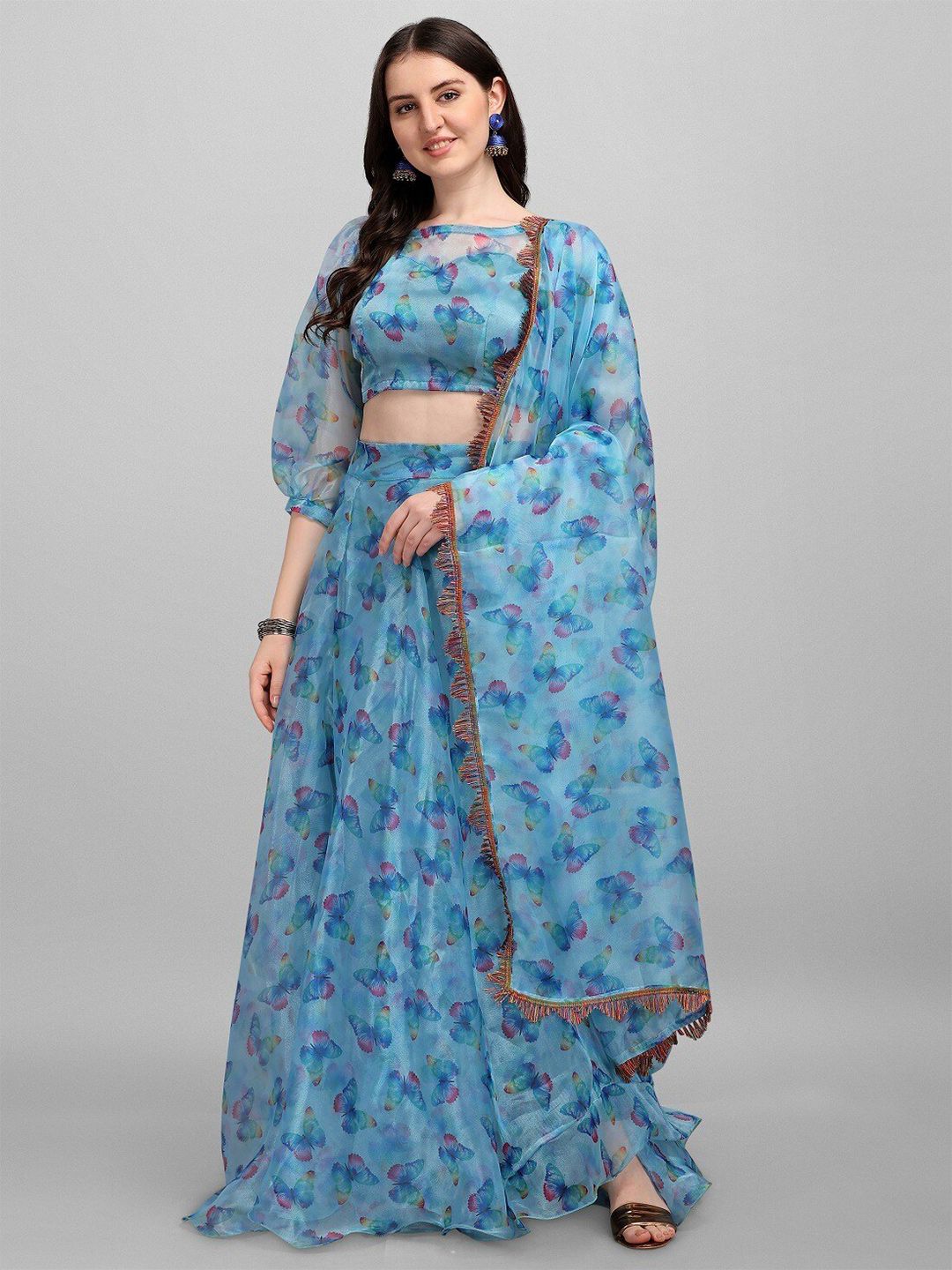 Ethnic Yard Blue & Rose Gold Printed Semi-Stitched Lehenga & Unstitched Blouse With Dupatta Price in India