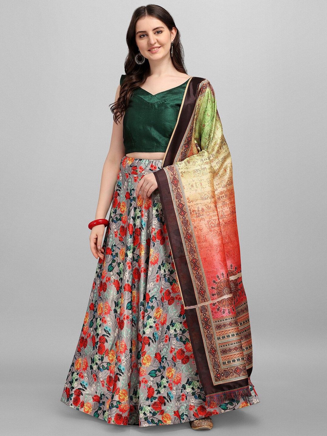 Ethnic Yard Grey Melange & Green Semi-Stitched Lehenga & Unstitched Blouse With Dupatta Price in India