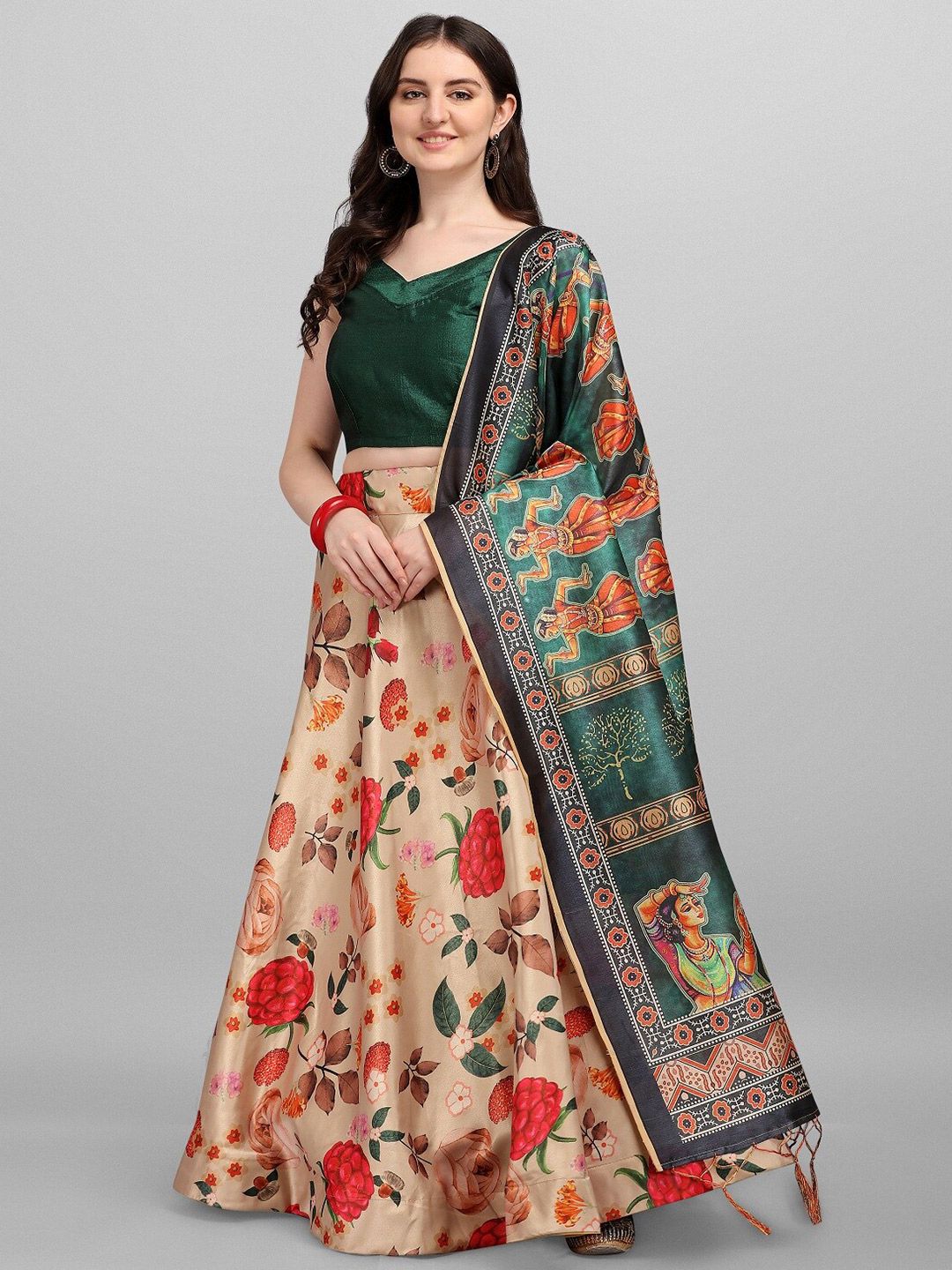 Ethnic Yard Beige & Red Semi-Stitched Lehenga & Unstitched Blouse With Dupatta Price in India