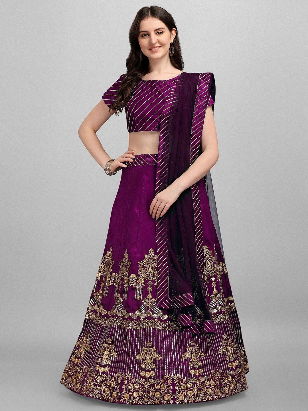 Ethnic Yard Purple & Gold-Toned Embroidered Semi-Stitched Lehenga & Unstitched Blouse With Dupatta Price in India
