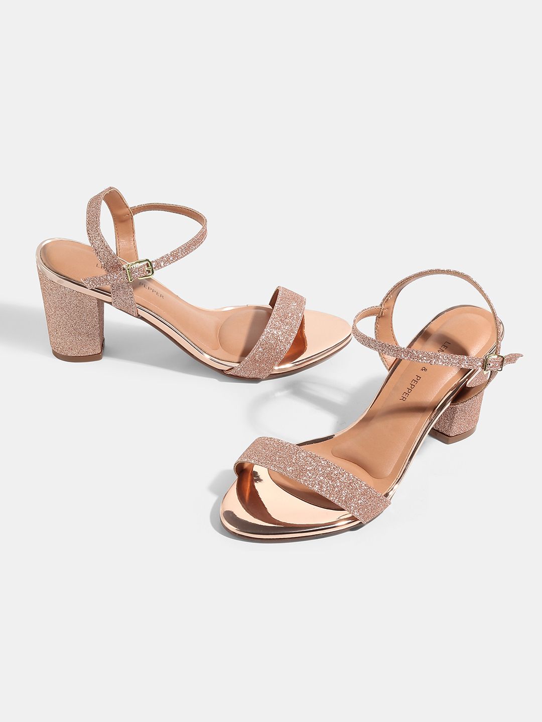 LEMON & PEPPER Rose Gold Embellished PU Block Sandals Price in India