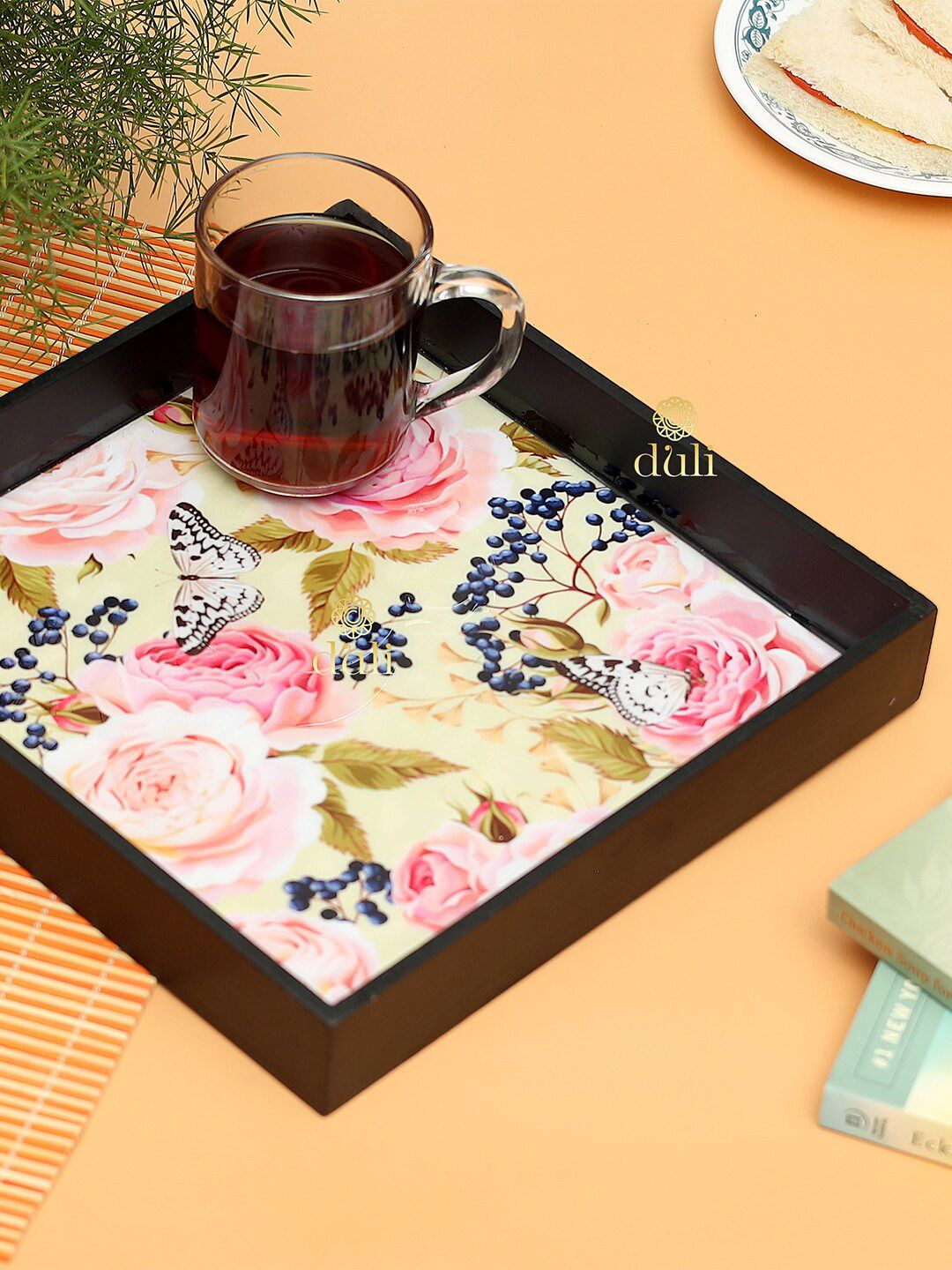 DULI Yellow & Pink Printed Wood Trays Price in India