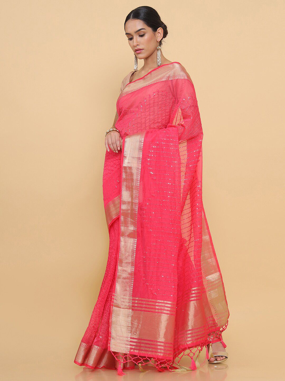 Soch Pink & Gold-Toned Embellished Embroidered Organza Heavy Work Saree