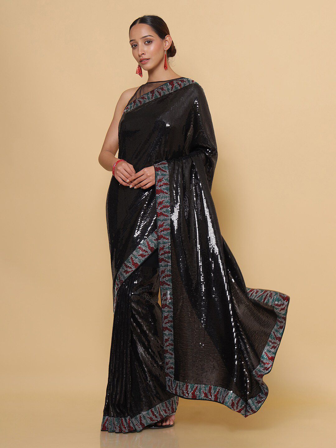 Soch Black & Silver-Toned Floral Embroidered Pure Georgette Heavy Work Saree