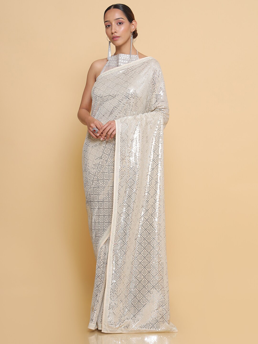 Soch Beige & Silver-Toned Embellished Embroidered Pure Georgette Heavy Work Saree Price in India