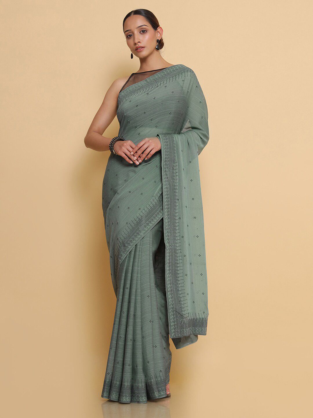 Soch Green & Black Embellished Mirror Work Pure Chiffon Heavy Work Saree