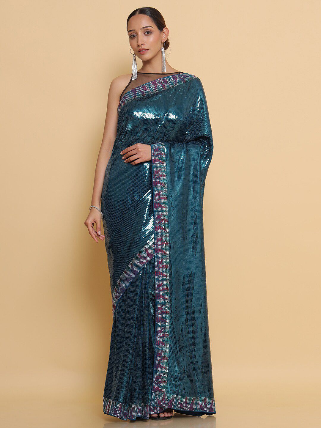 Soch Teal & Pink Embellished Sequinned Pure Georgette Heavy Work Saree Price in India