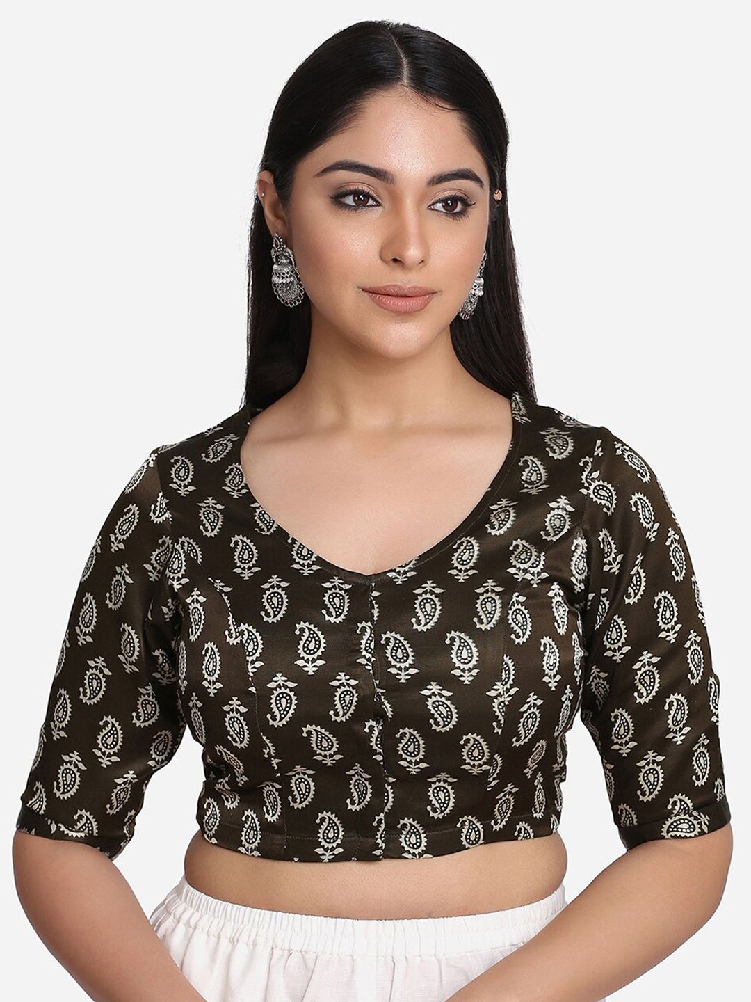 THE WEAVE TRAVELLER Olive Green Printed V-Neck Ready-Made Blouse Price in India