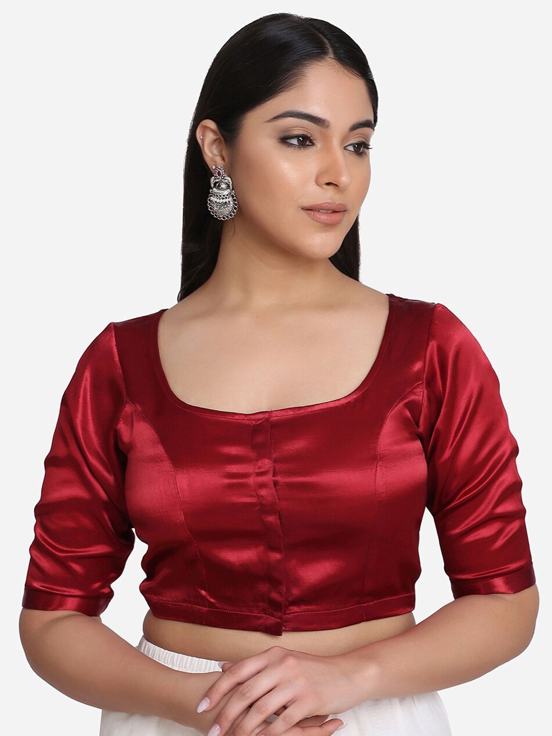 THE WEAVE TRAVELLER Women Maroon Solid Readymade Saree Blouse Price in India
