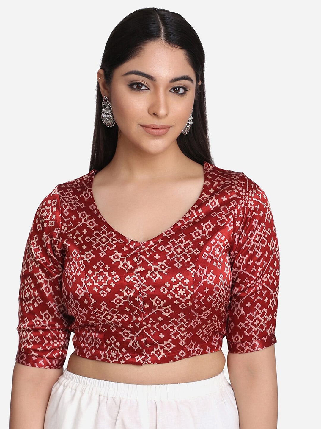 THE WEAVE TRAVELLER Maroon Printed Ready-Made Non Paded Saree Blouse Price in India