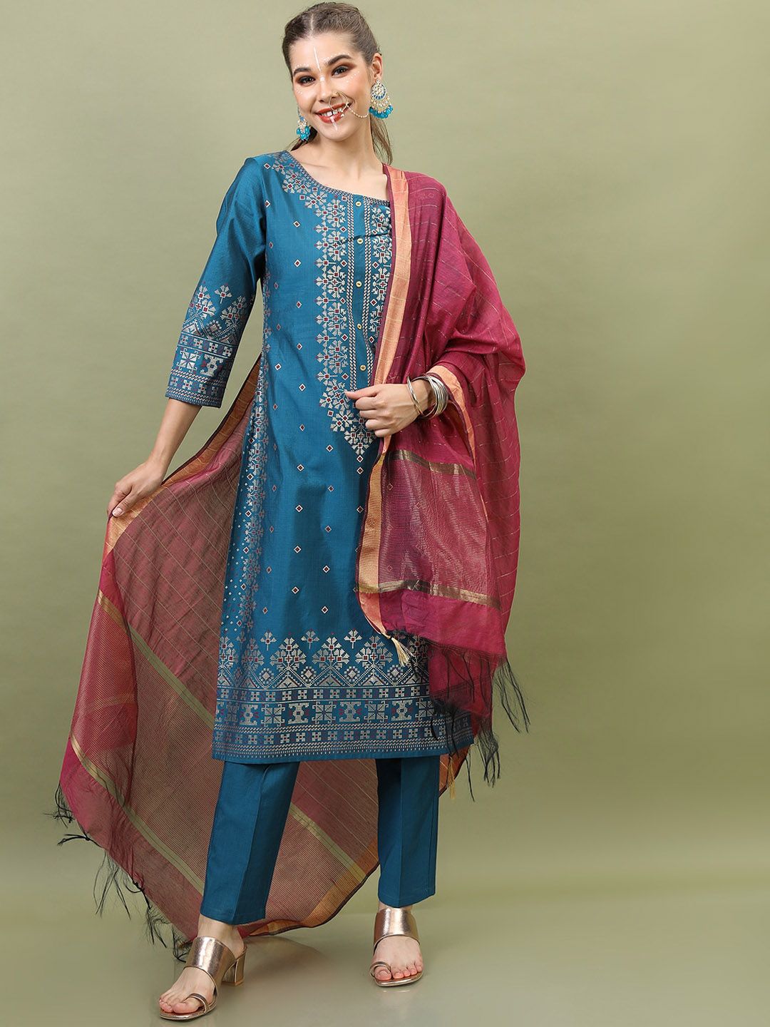 Vishudh Women Blue Ethnic Motifs Viscose Rayon Kurta with Trouser & Dupatta Price in India