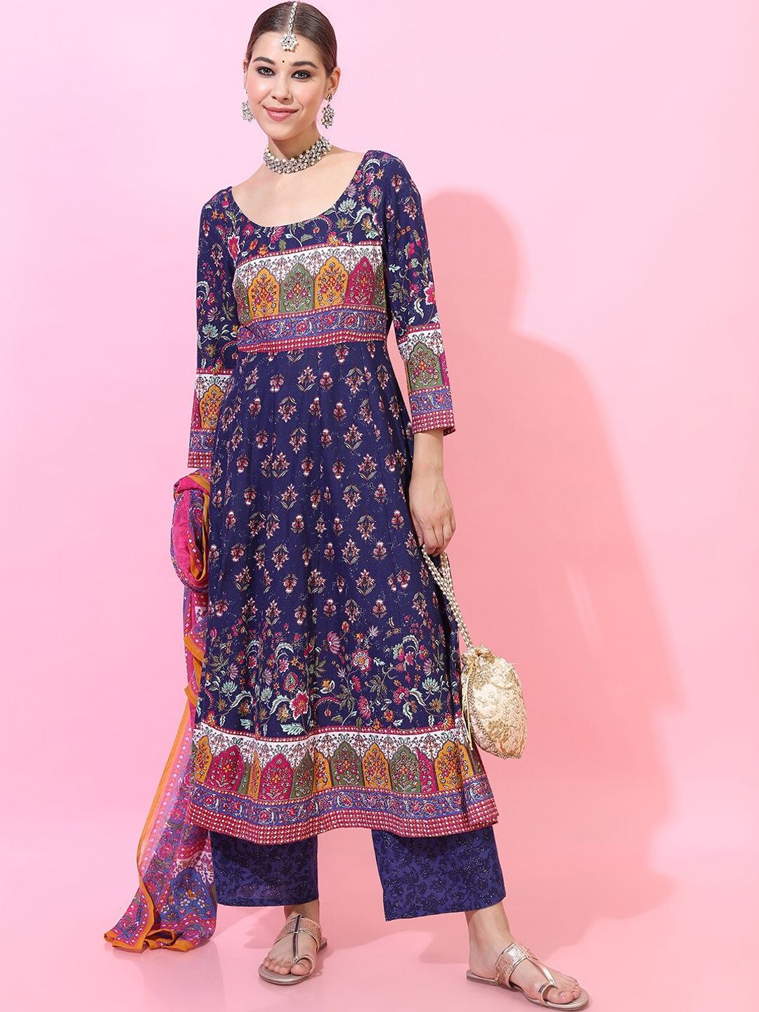 Vishudh Women Navy Blue Printed Pure Cotton Kurta with Palazzo & Dupatta Price in India