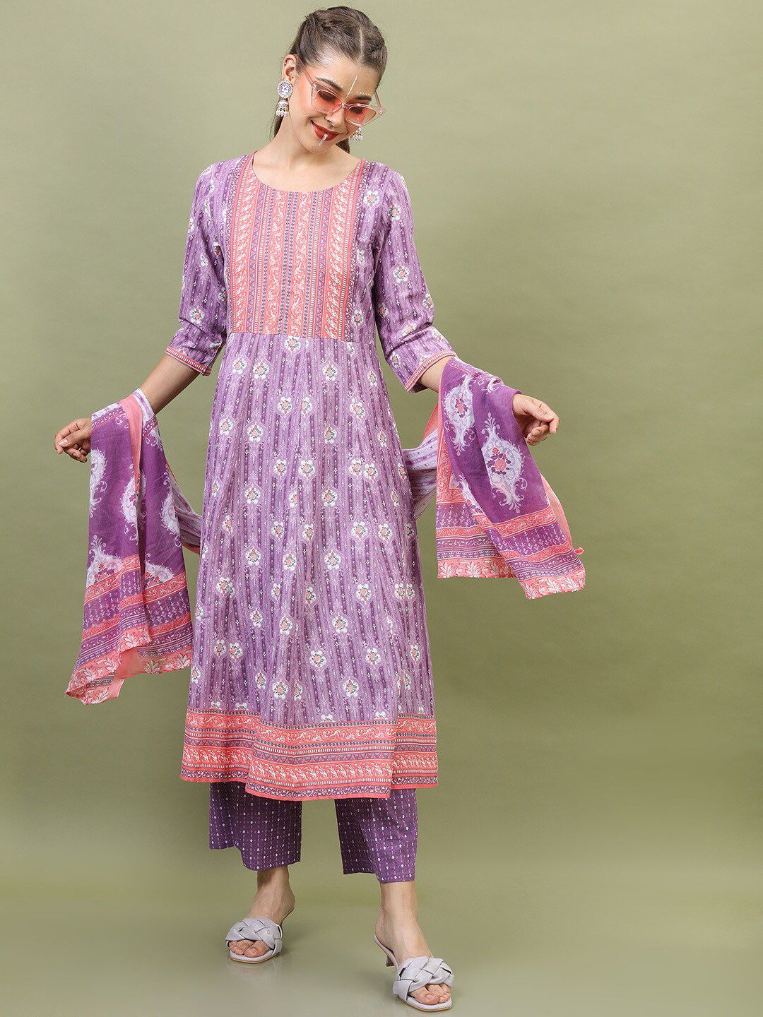 Vishudh Women Floral Pure Cotton Kurta with Palazzo and Dupatta Price in India