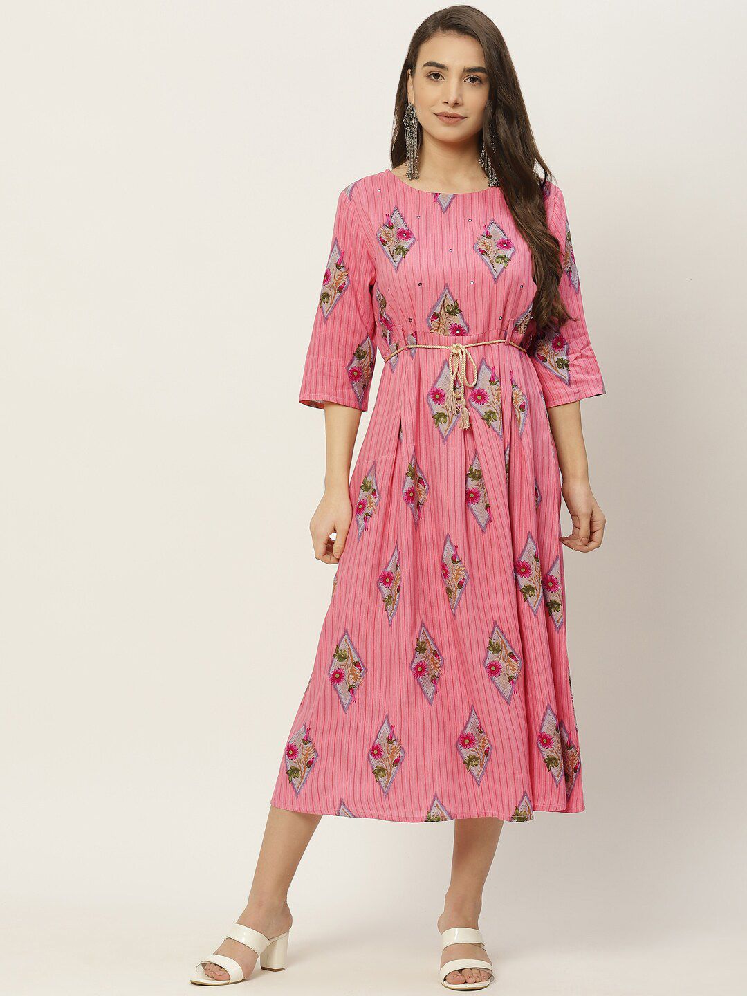 INDYES Women Pink Floral Midi Cotton Dress Price in India