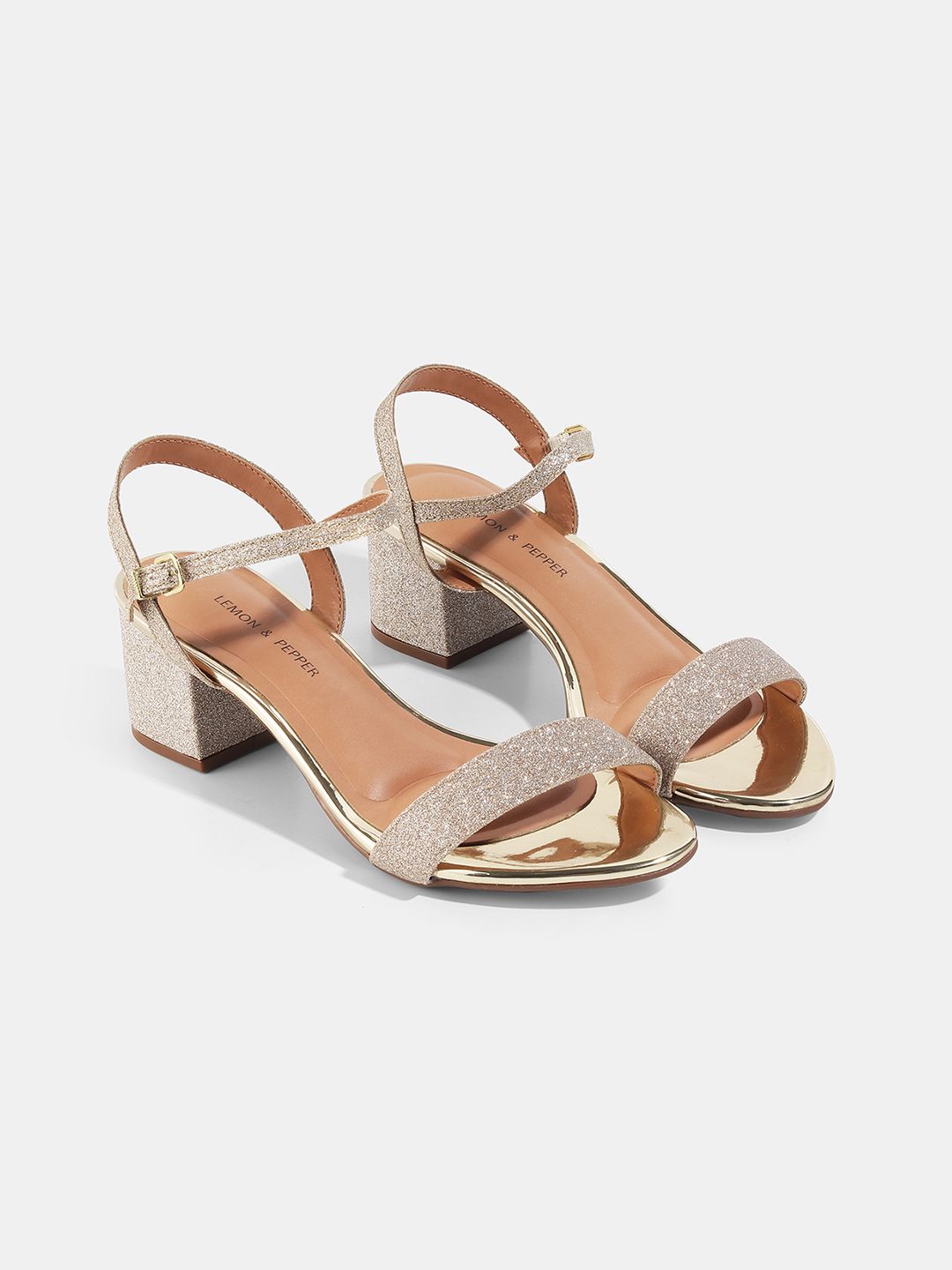 LEMON & PEPPER Gold-Toned PU Block Sandals Price in India