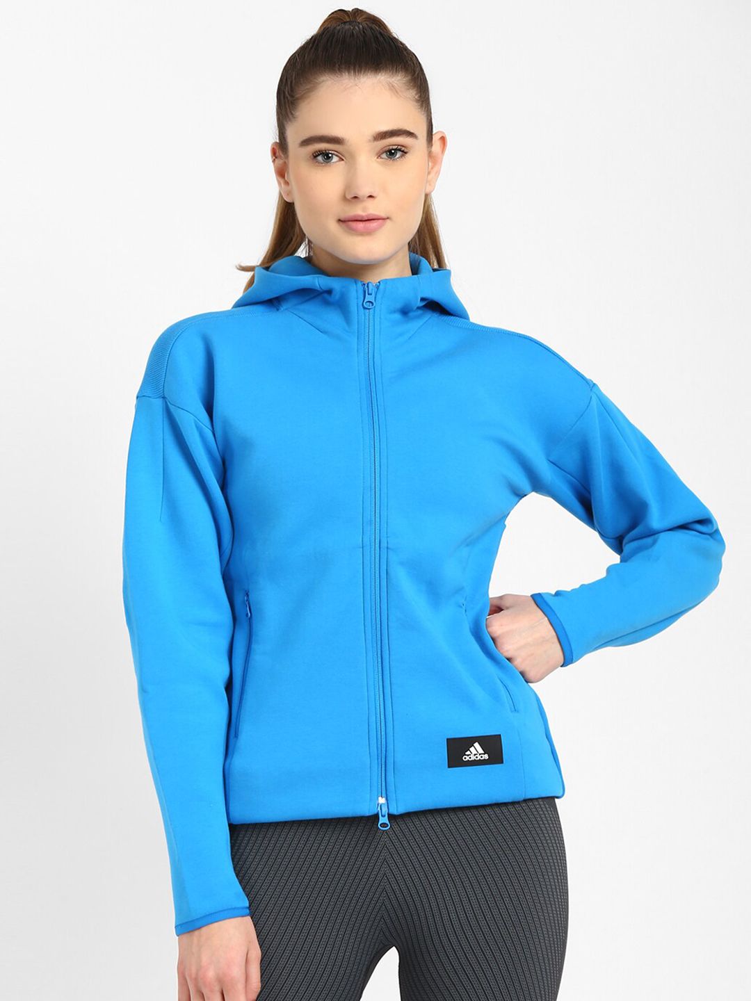 ADIDAS Women Blue  Solid Cotton Sports Jacket Price in India