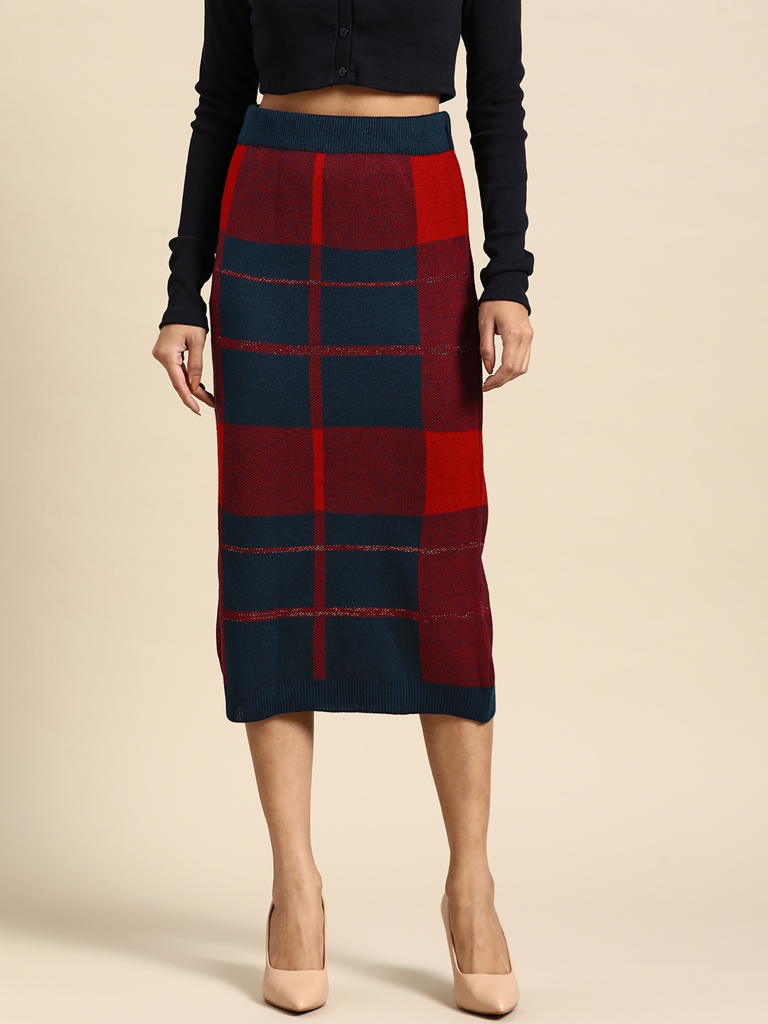 all about you Women Maroon & Navy Blue Checked Straight Skirt Price in India