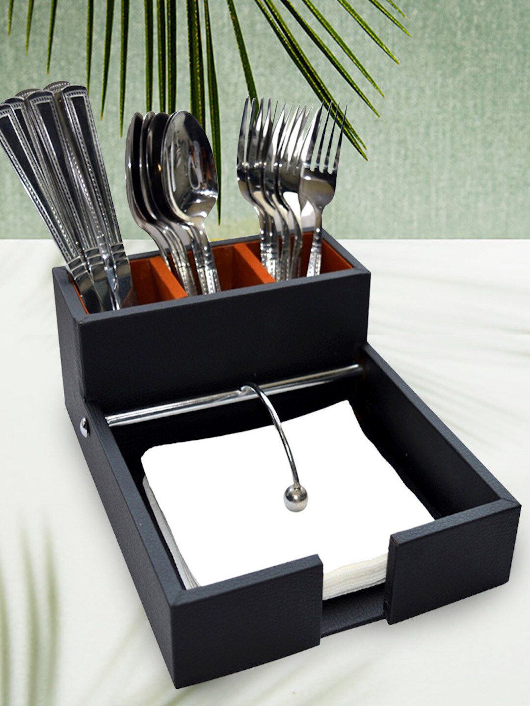 Tranquil square Black Solid Leather Finish Wooden Napkin Holder & Cutlery Stand Price in India