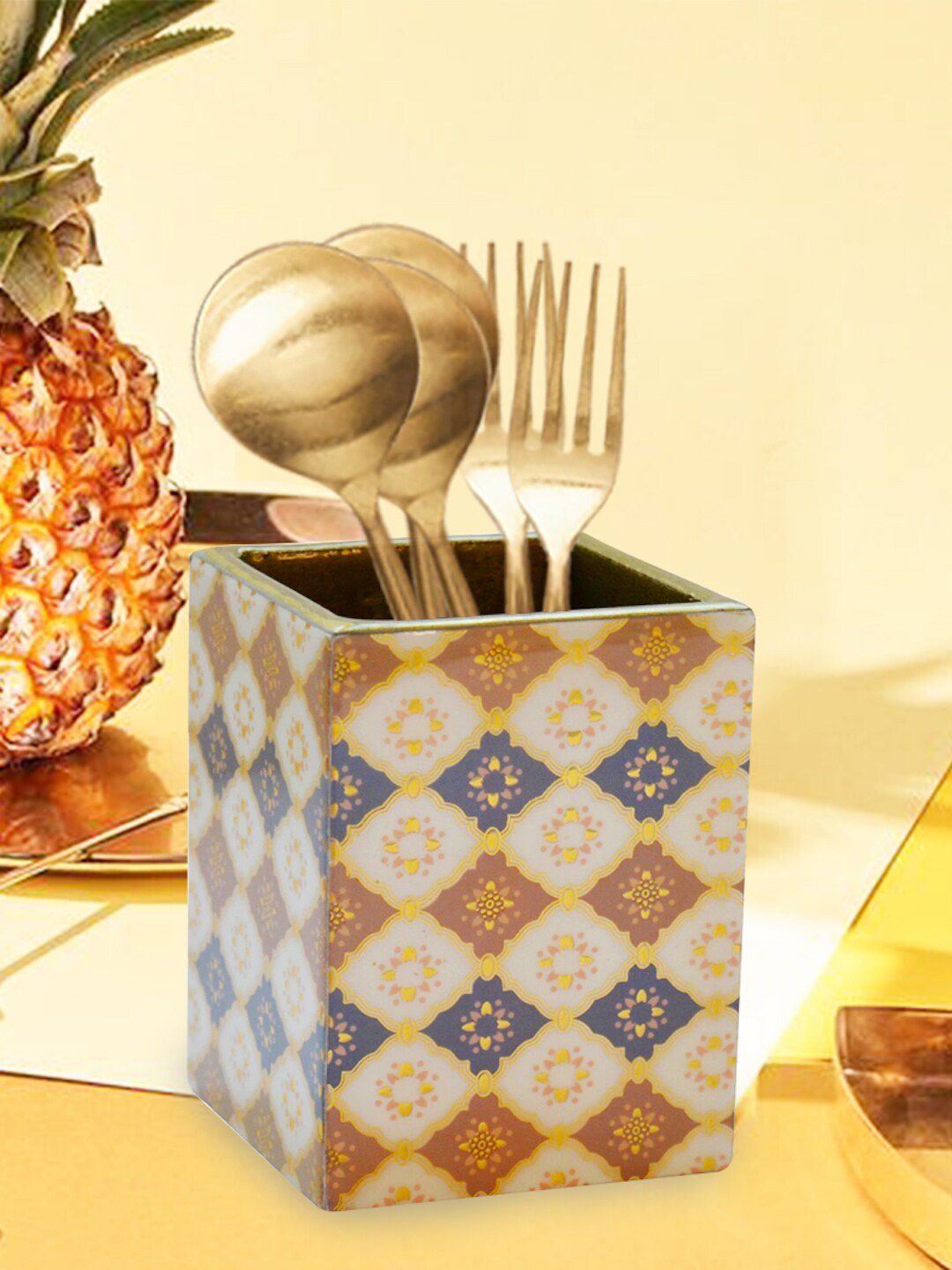 Tranquil square Blue & Gold Printed Wooden Cutlery Stand Price in India