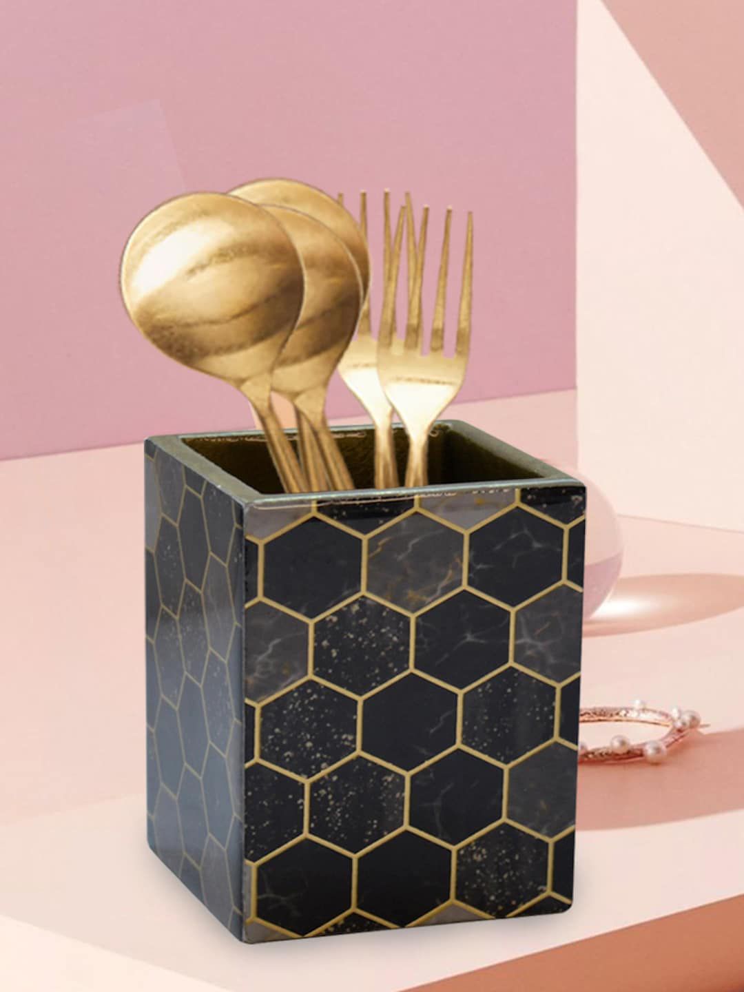 Tranquil square Blue & Gold-Toned Printed Wooden Cutlery Stand Price in India