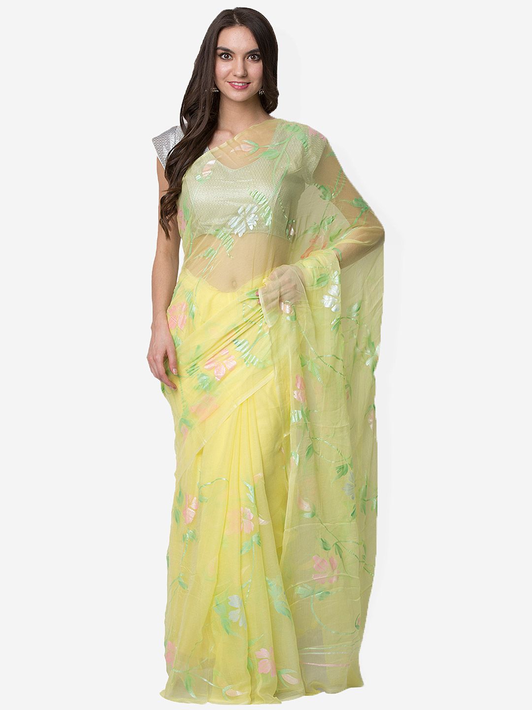 La Vastraa Yellow & Pink Floral Pure Chiffon Saree
