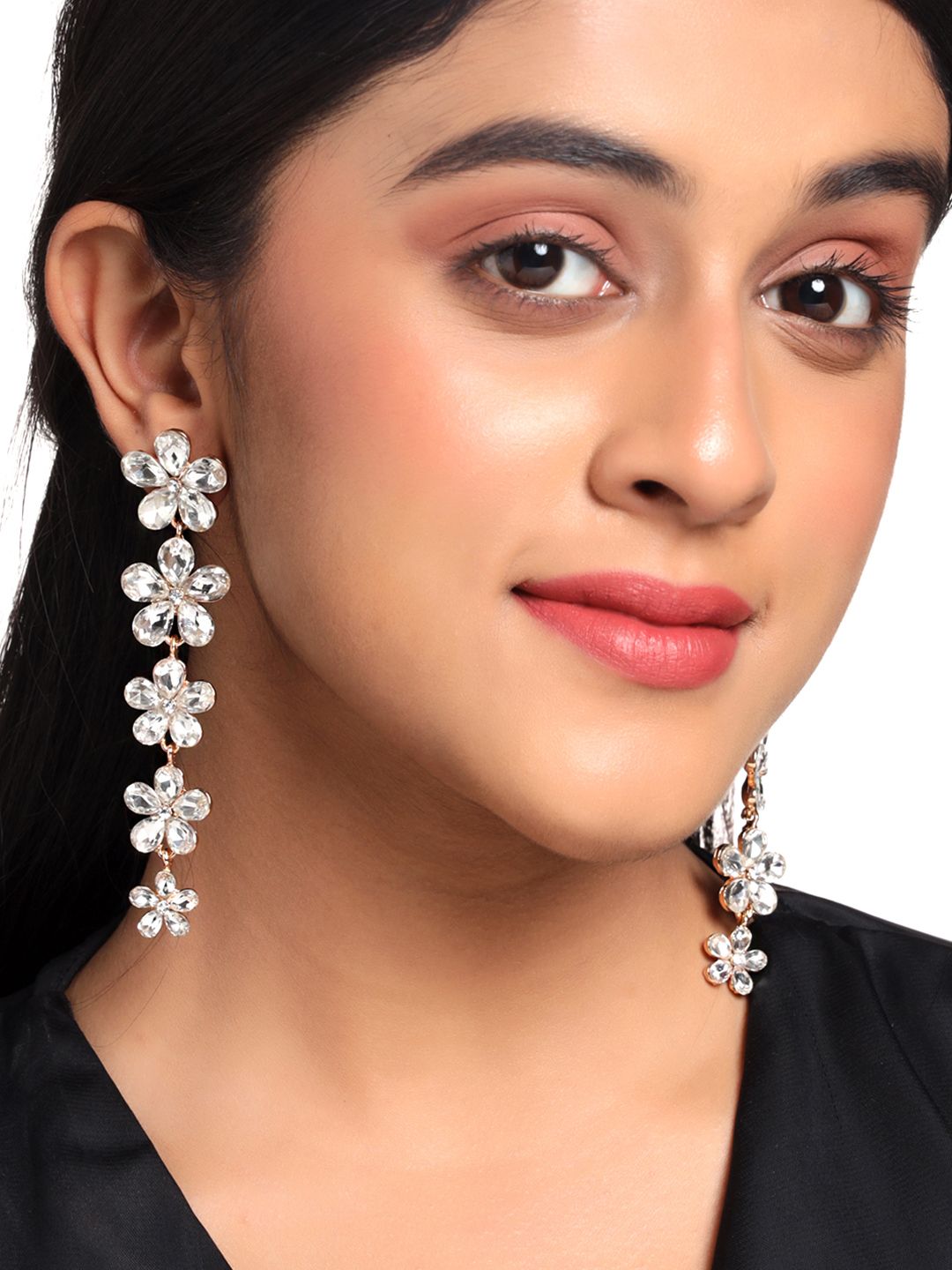 Yellow Chimes White Contemporary Floral Long Danglers Drop Earrings Price in India