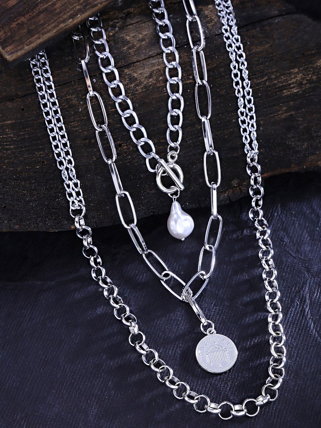 Yellow Chimes Silver-Plated Layered Coin Charm Pearl Necklace Price in India