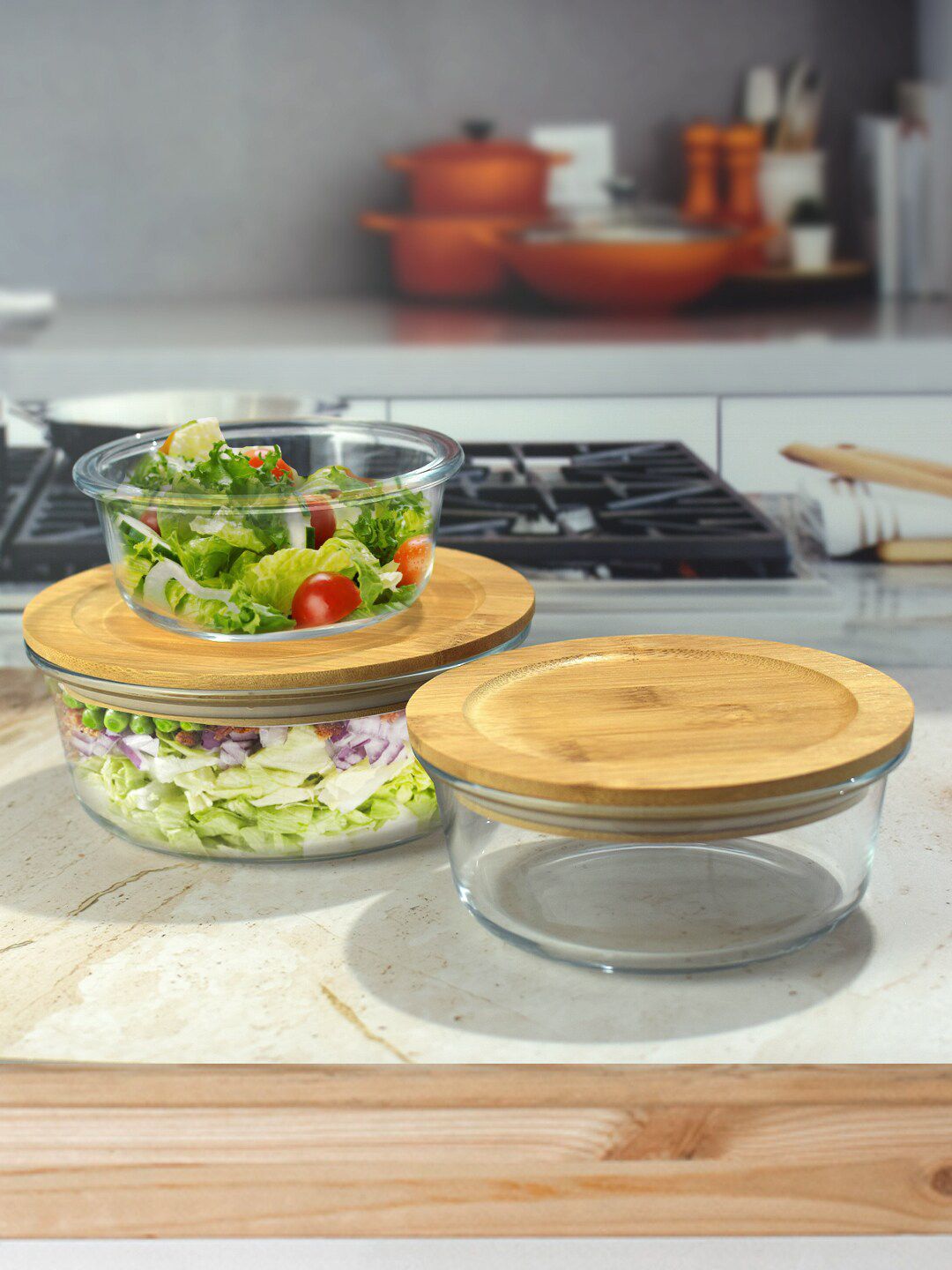 JNSM Glass Round Storage Lunch Box with Airtight Wooden lid Set of 3 Price in India