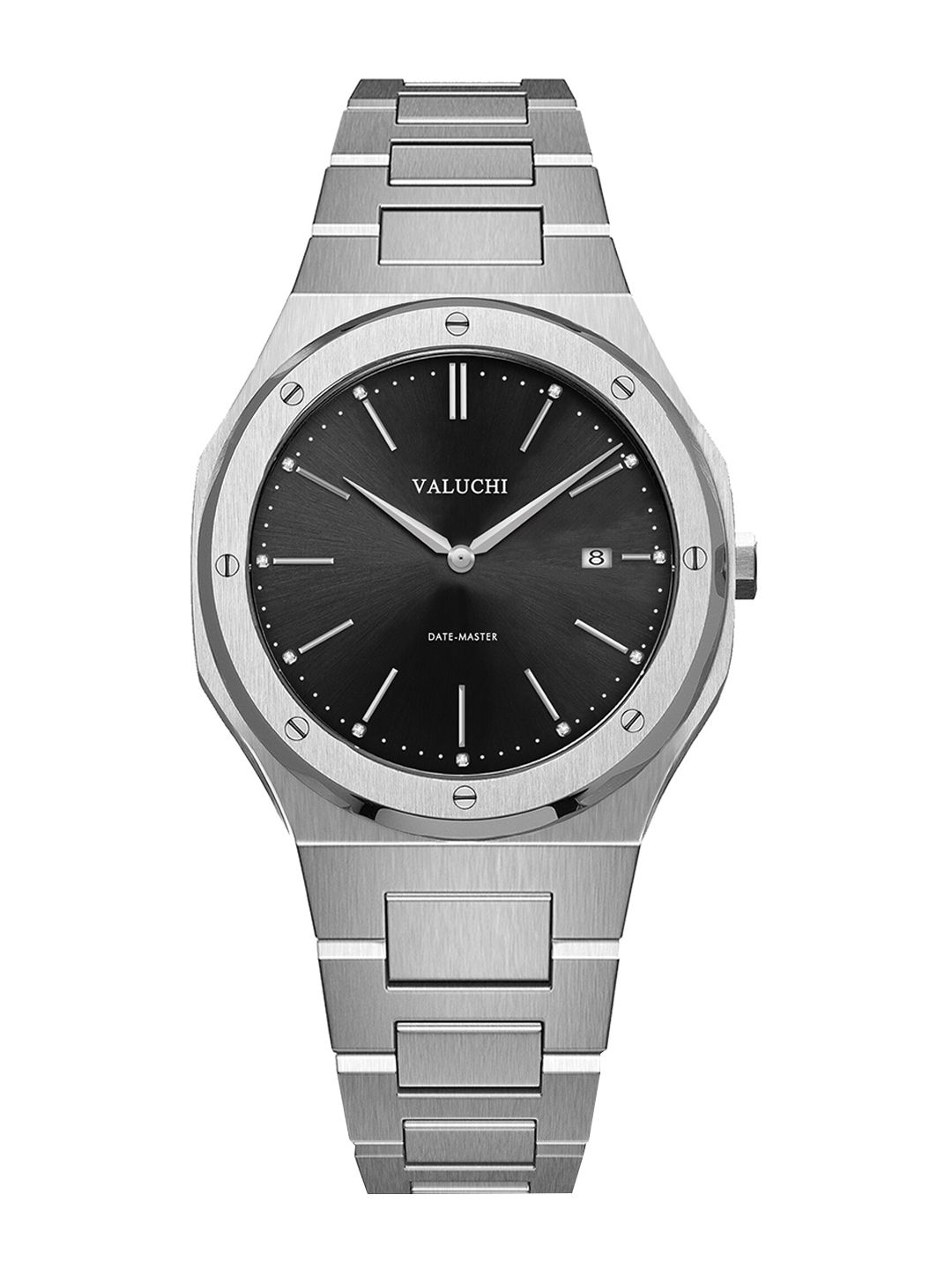 Valuchi Women Black Dial & Silver Toned Stainless Steel Bracelet Style Straps Analogue Motion Powered Watch Price in India