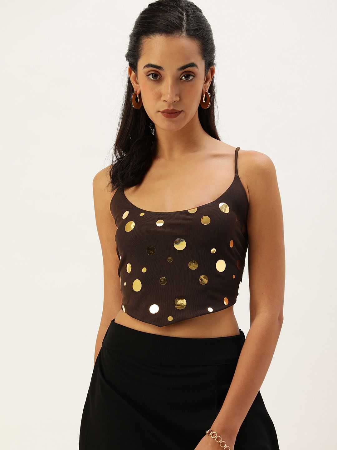 Martini Brown & Gold-Toned Embellished Net Styled Back Crop Top Price in India