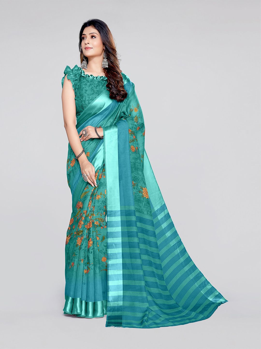 MIRCHI FASHION Teal & Red Floral Saree