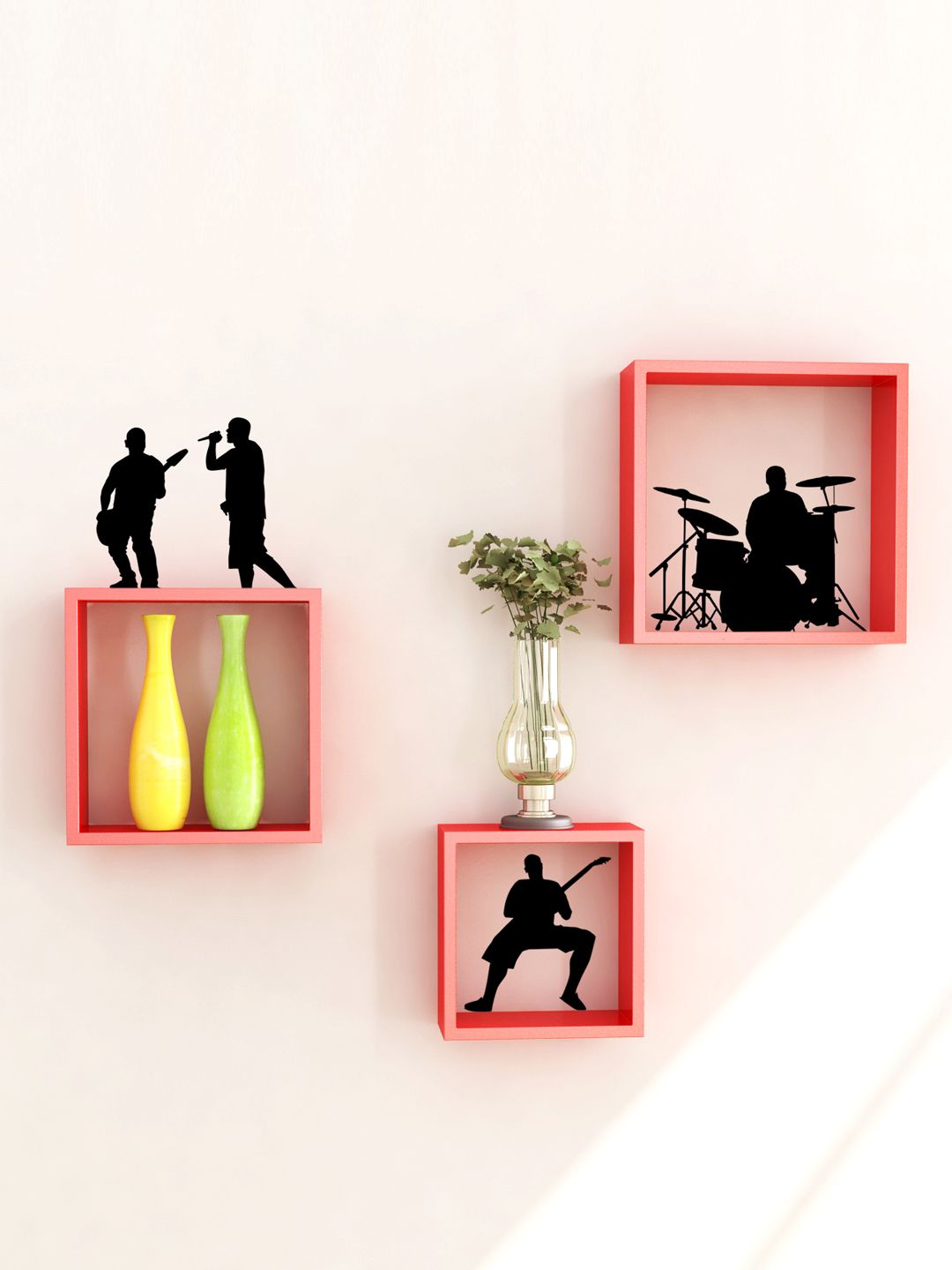 Home Sparkle Set of 3 Red Cube Wall Shelves with Wall Stickers Price in India