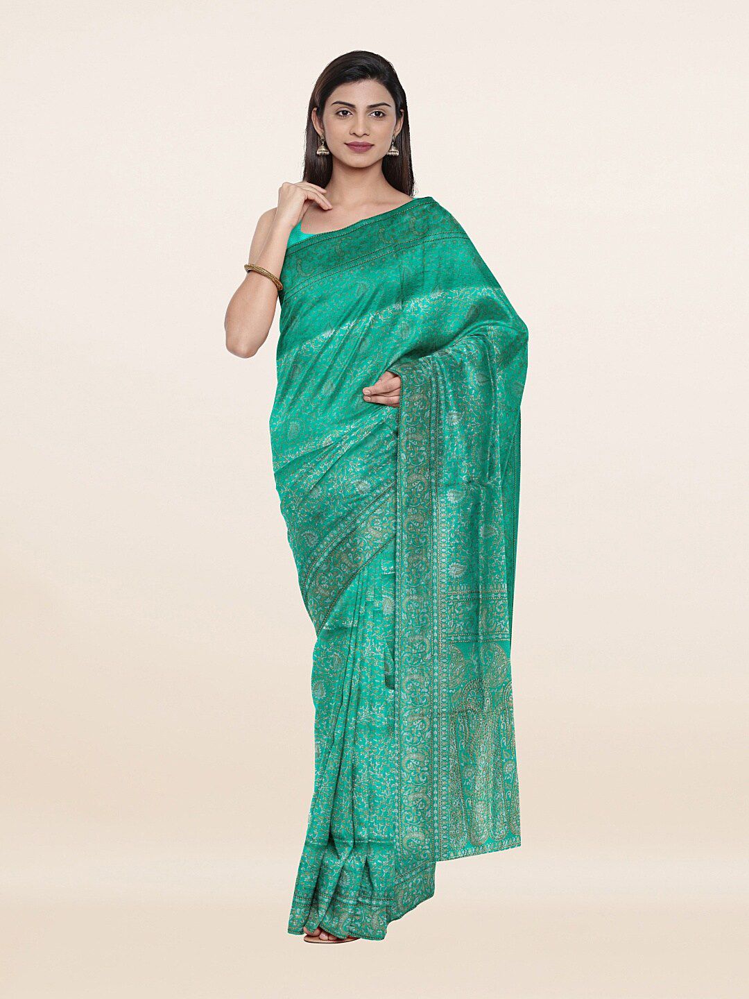 Pothys Women Green & White Woven Design Zari Art Silk Saree Price in India