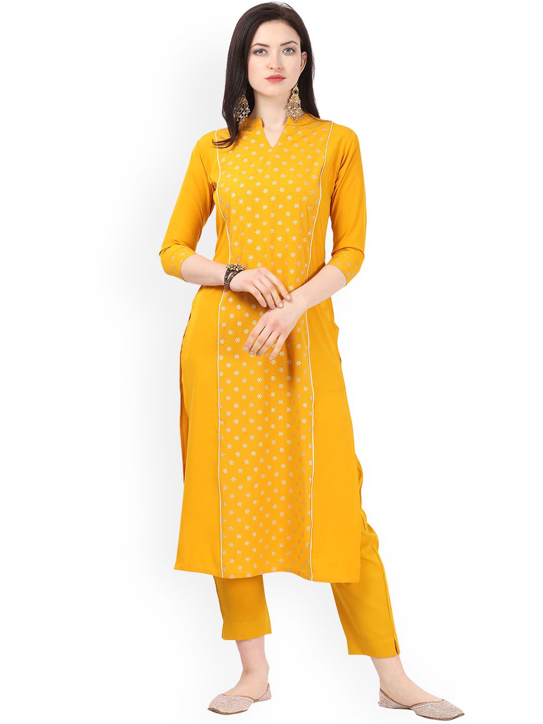 NAINVISH Women Yellow Printed Panelled Kurta with Trousers Price in India