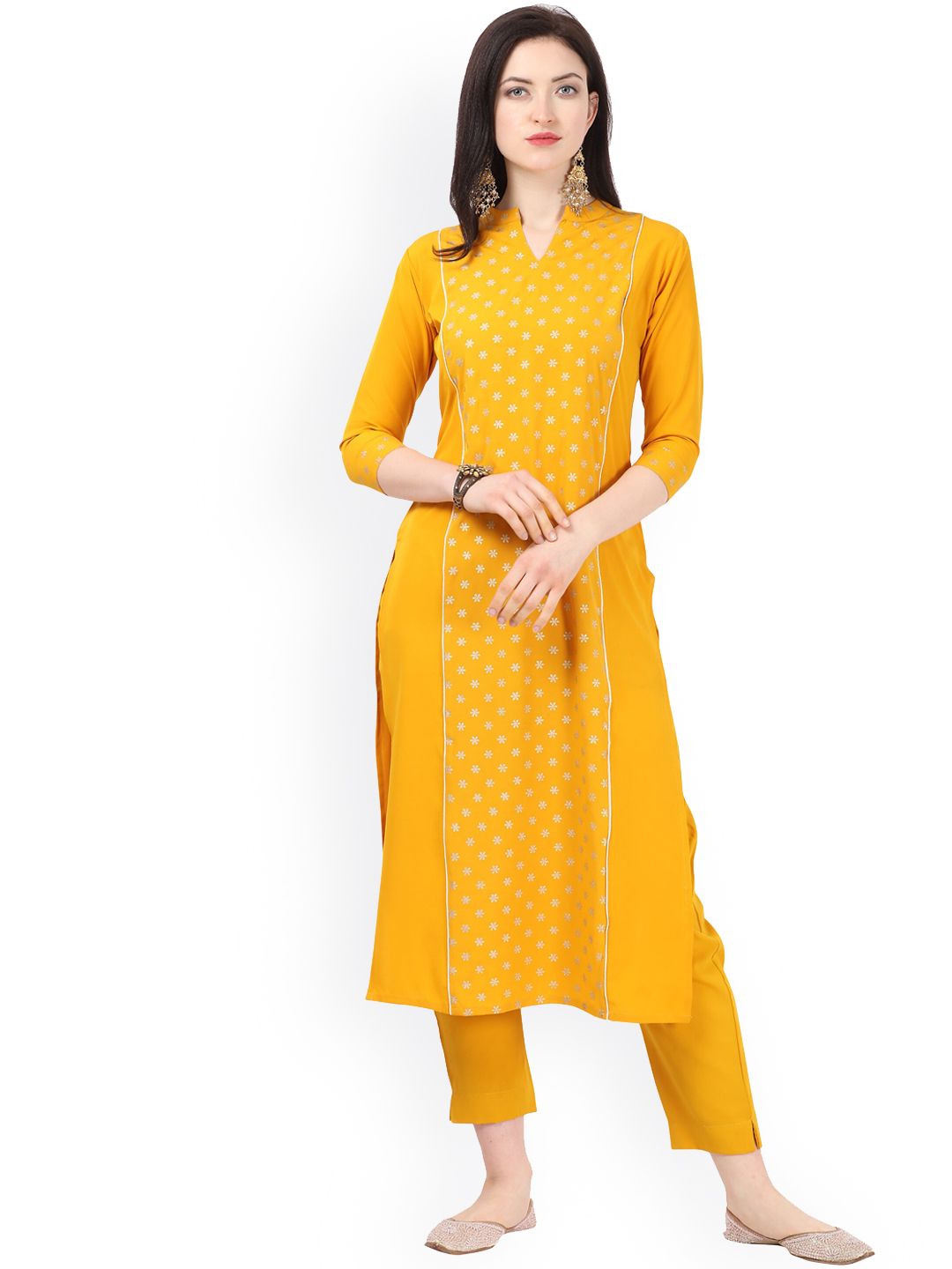 NAINVISH Women Yellow Printed Panelled Kurta with Trousers Price in India