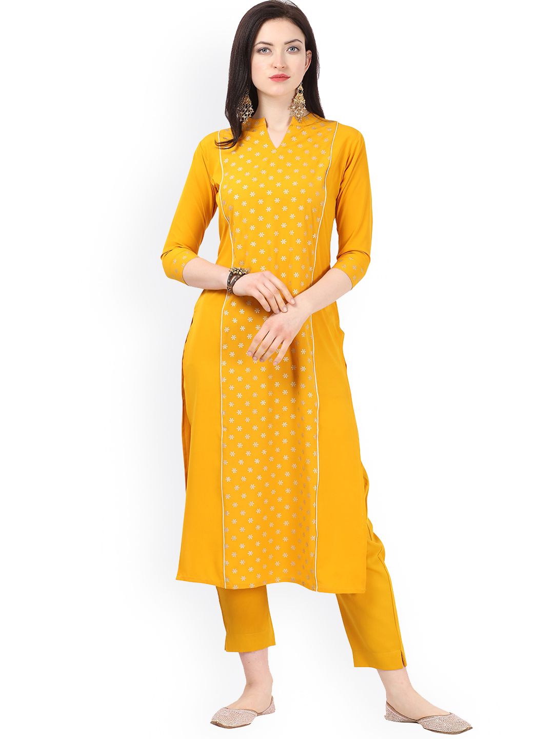 NAINVISH Women Yellow Printed Panelled Kurta with Trousers Price in India