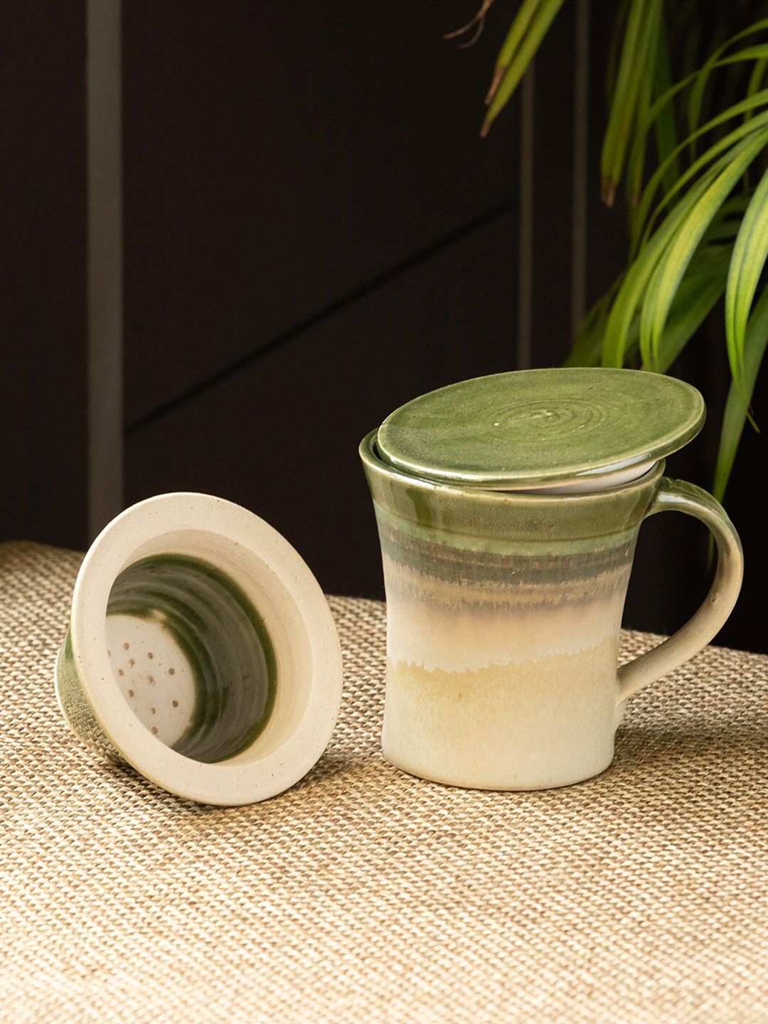 ExclusiveLane Green & Cream-Coloured Handcrafted Solid Ceramic Glossy Mugs Set of Cups and Mugs Price in India